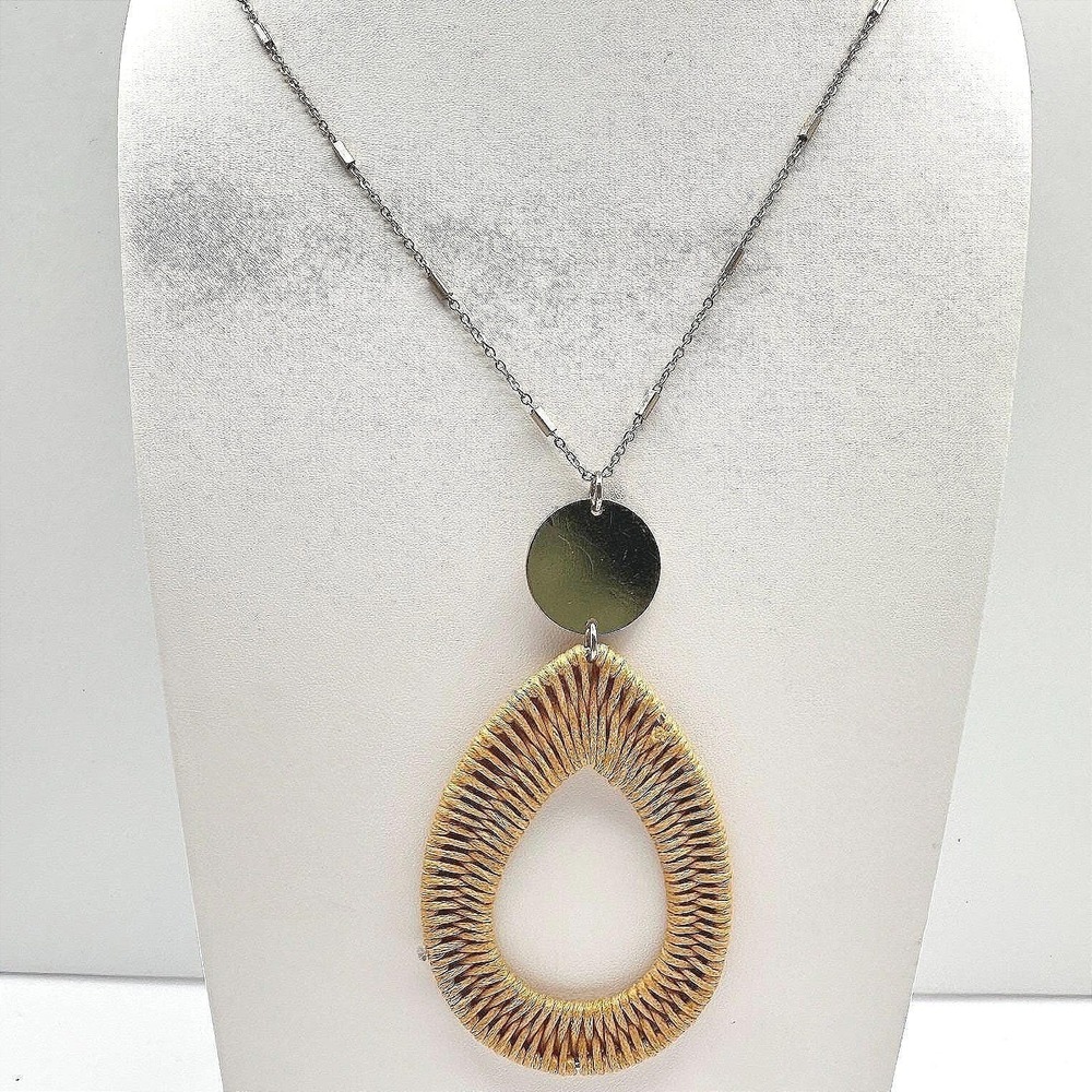 Vintage 90s Mustard Yellow Woven Rattan Teardrop Statement Gold Tone Necklace